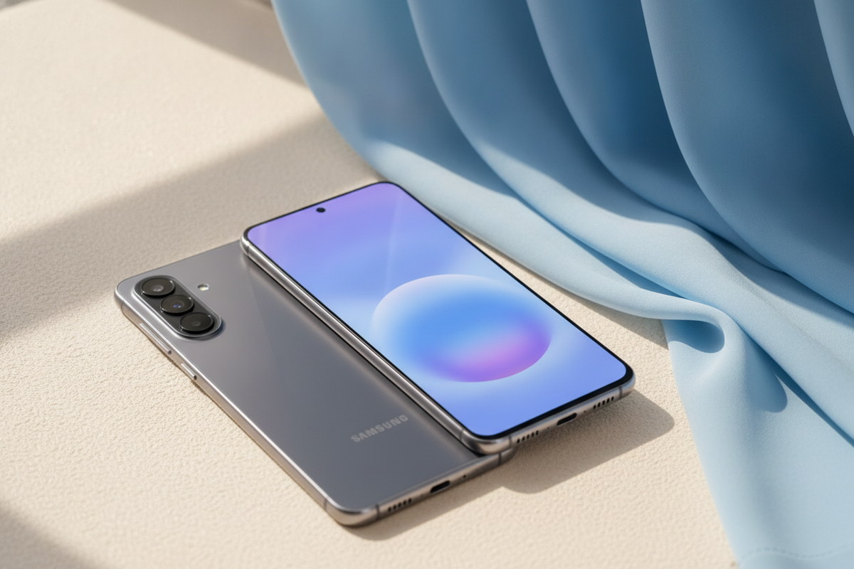 Gray Samsung Galaxy A57 5G smartphone displayed on a warm cream surface with soft blue fabric in the background.