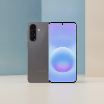 Gray Samsung Galaxy A57 5G smartphone, showcasing its rear triple camera and sleek design against a soft blue and cream backg